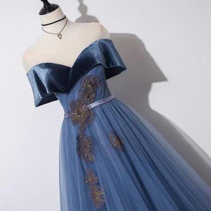 A-line Gray Blue Tulle Long Prom Dresses