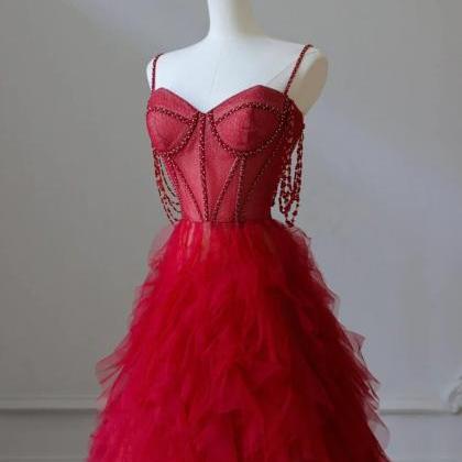 Straps A-line Sweetheart Neck Tulle Burgundy Long..