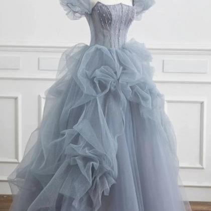 Beautiful Gray Tulle Long Prom Dress With Beading