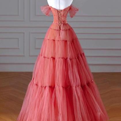 Coral Tiered Tulle Gown With Beaded Accents