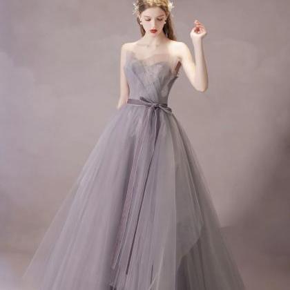 Charming A-line Tulle Lace Gray Purple Long Prom..
