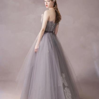Charming A-line Tulle Lace Gray Purple Long Prom..