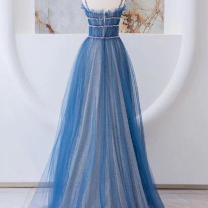 Straps A-line Blue Tulle Long Prom Dresses