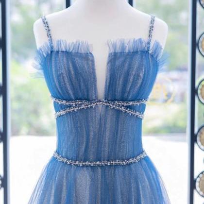 Straps A-line Blue Tulle Long Prom Dresses