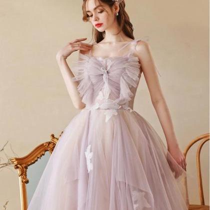 Unique Straps A Line Tulle Prom Dress With Lace