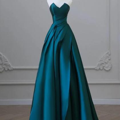 A-line Satin Green Long Prom Dresses