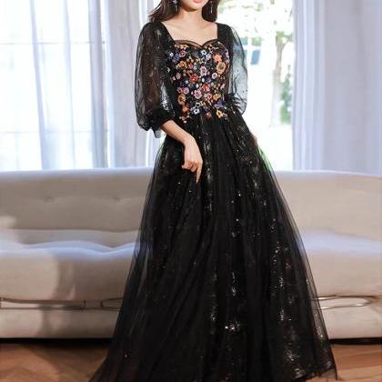 A-line Tulle Lace Black Long Prom Dresses With..