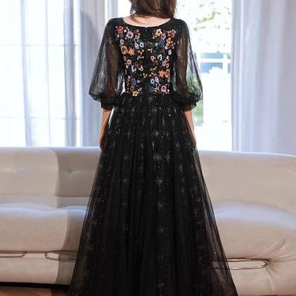 A-line Tulle Lace Black Long Prom Dresses With..