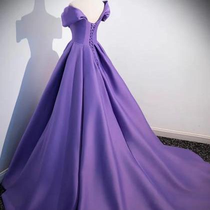 Simple Off Shoulder Mermaid Satin Purple Long Prom..