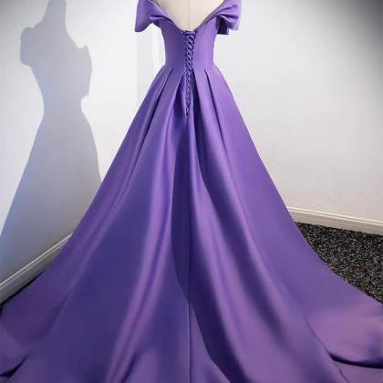 Simple Off Shoulder Mermaid Satin Purple Long Prom..