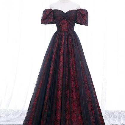 Simple A-line Tulle Lace Black/burgundy Prom..