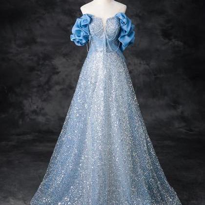 Off Shoulder A-line Blue Long Prom Dress With..