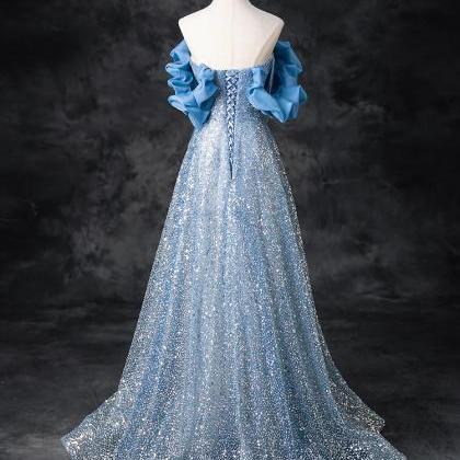 Off Shoulder A-line Blue Long Prom Dress With..