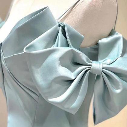Simple A-line Blue Satin Long Prom Dresses