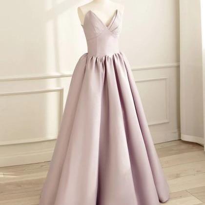A-line V Neck Satin Pink Long Prom Dress Formal..