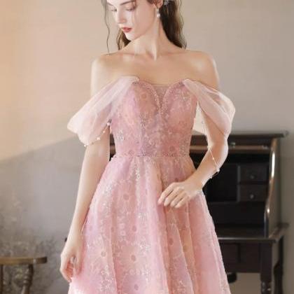 A-line Off Shoulder Tulle Lace Pink Long Prom..
