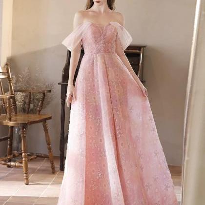 A-line Off Shoulder Tulle Lace Pink Long Prom..