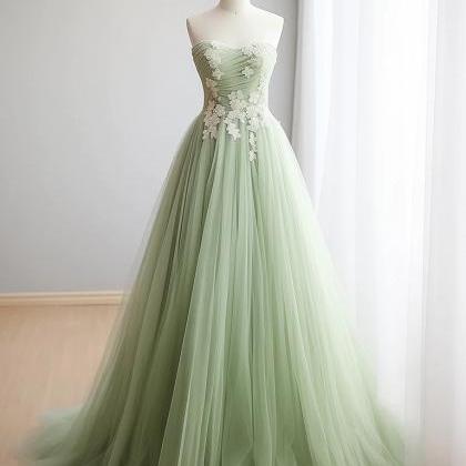 A-line Sweetheart Green Tulle Long Prom Dress With..