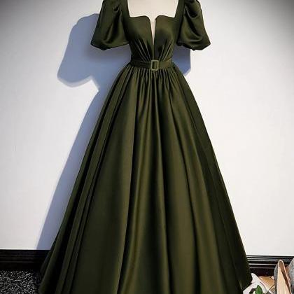 A Line Green Stain Prom Dress With Short Sleeves