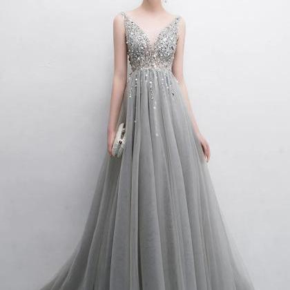 Mermaid Gray V Neck Tulle Prom Dress With Sequin..