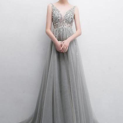 Mermaid Gray V Neck Tulle Prom Dress With Sequin..