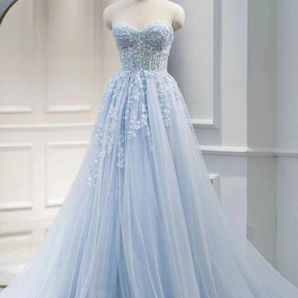 A Line Sweetheart Blue Prom Dress With Lace