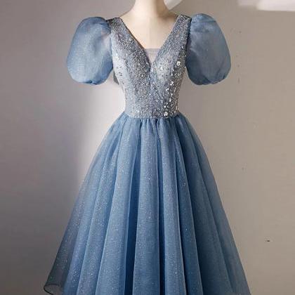 A-line V Neck Blue Short Homecoming Dress With..