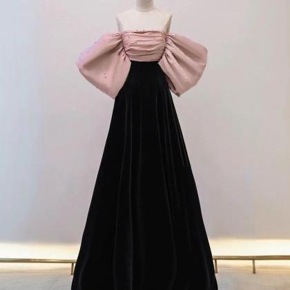 Charming A Line Black/pink Velvet Long Prom..