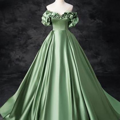 Majestic Sage Green Satin Ball Gown With Puffed..
