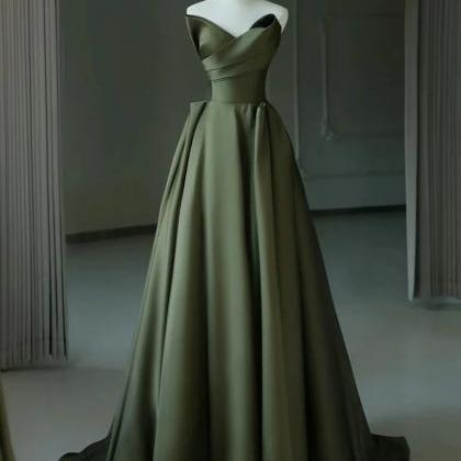 Elegant A-line V Neck Satin Dark Green Long Prom..
