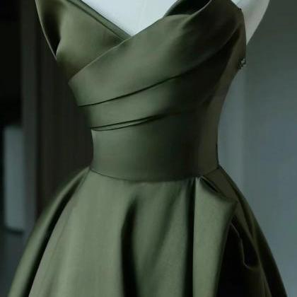 Elegant A-line V Neck Satin Dark Green Long Prom..