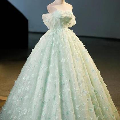 Princess Off Shoulder Green Tulle A-line Lace Prom..