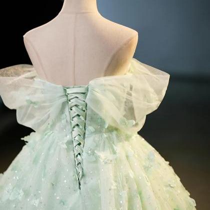 Princess Off Shoulder Green Tulle A-line Lace Prom..