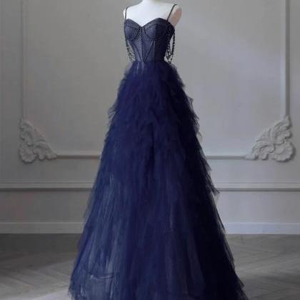 A-line Sweetheart Tulle Dark Blue Long Prom Dress..