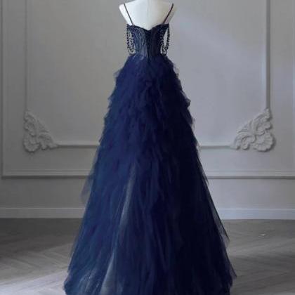 A-line Sweetheart Tulle Dark Blue Long Prom Dress..