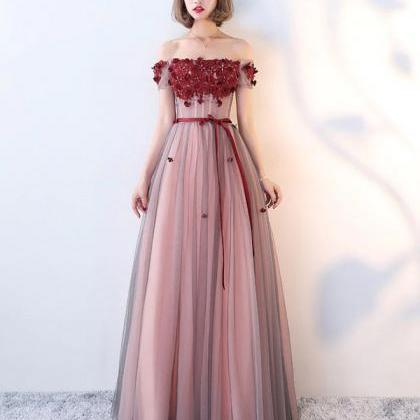 A Line Tulle Lace Long Burgundy Prom Dresses