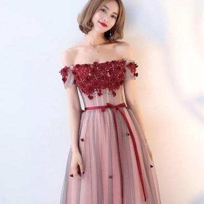 A Line Tulle Lace Long Burgundy Prom Dresses