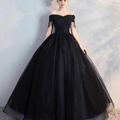 Ball Gown Off Shoulder Black Lace Tulle Prom..