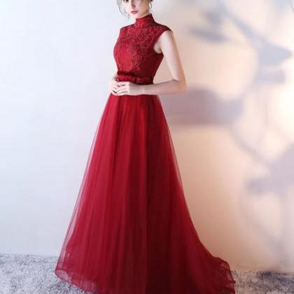 High Neck Burgundy Lace Tulle Long Open Back Prom..