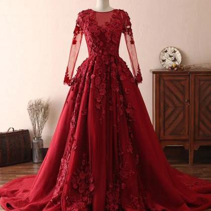 Round Neck Burgundy Lace Satin Long Sleeves Prom..