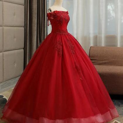 Strapless Burgundy Tulle Ball Gown Lace Prom Gown