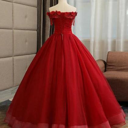 Strapless Burgundy Tulle Ball Gown Lace Prom Gown