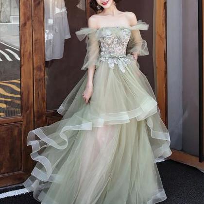 Pretty Off Shoulder Green Tulle Long Prom Dress..