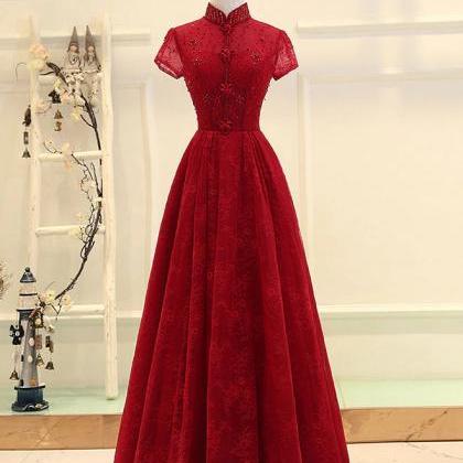 Burgundy High Neck Lace Long Prom Dress With..