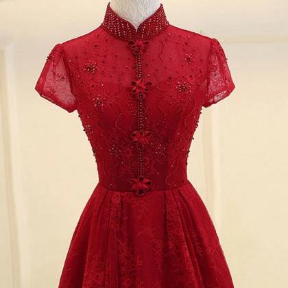 Burgundy High Neck Lace Long Prom Dress With..