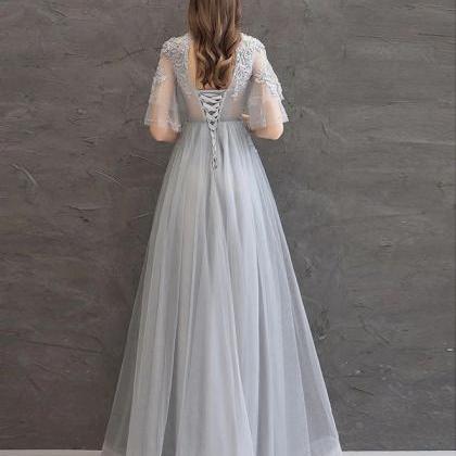 A Line Tulle Long Gray Lace Party Dresses