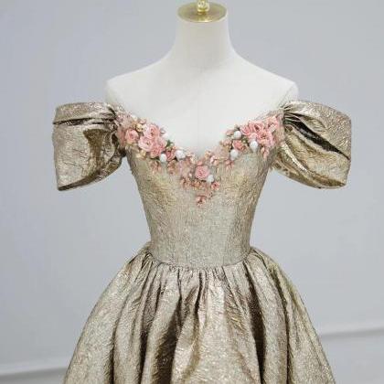 Vintage Satin Off Shoulder V-neck Long Prom Dress..