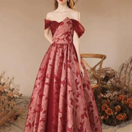 A Line Burgundy Printing Floor Length Prom Dress..