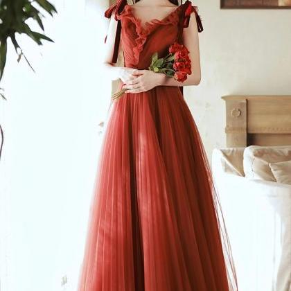 A-line V-neckline Long Tulle Dresses Orange