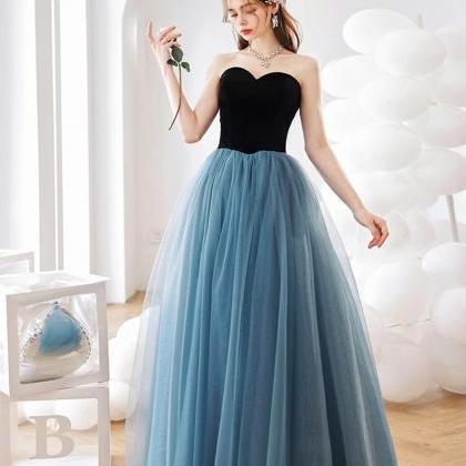 Lovely Strapless Blue Tulle A-line Prom Dress